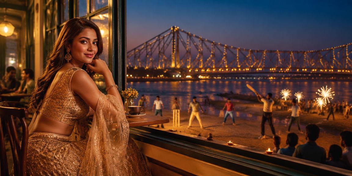 Kolkata Howrah Bridge cricket betting scene with traditional lehenga attire